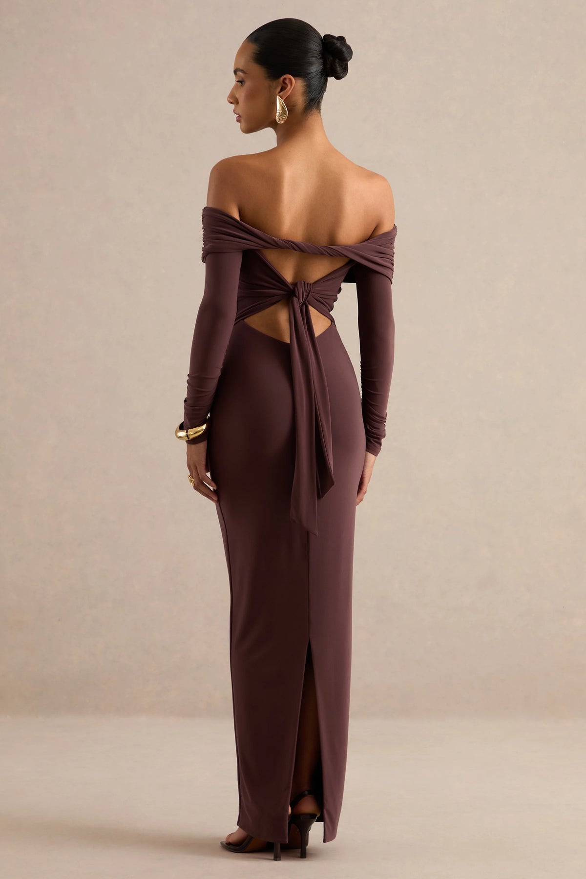 Keirae | Dark Brown Bardot-Neck Maxi Dress