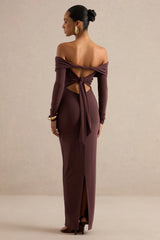 Keirae | Dark Brown Bardot-Neck Maxi Dress