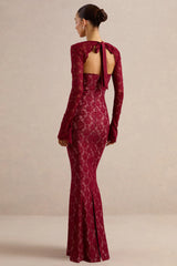 Mirellia | Dark Red Lace Sweetheart-Neck Maxi Dress