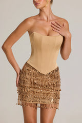 Satin Corset Fringed Mini Dress In Gold