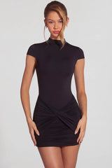 Jersey Turtleneck Ruched Backless Mini Dress In Black