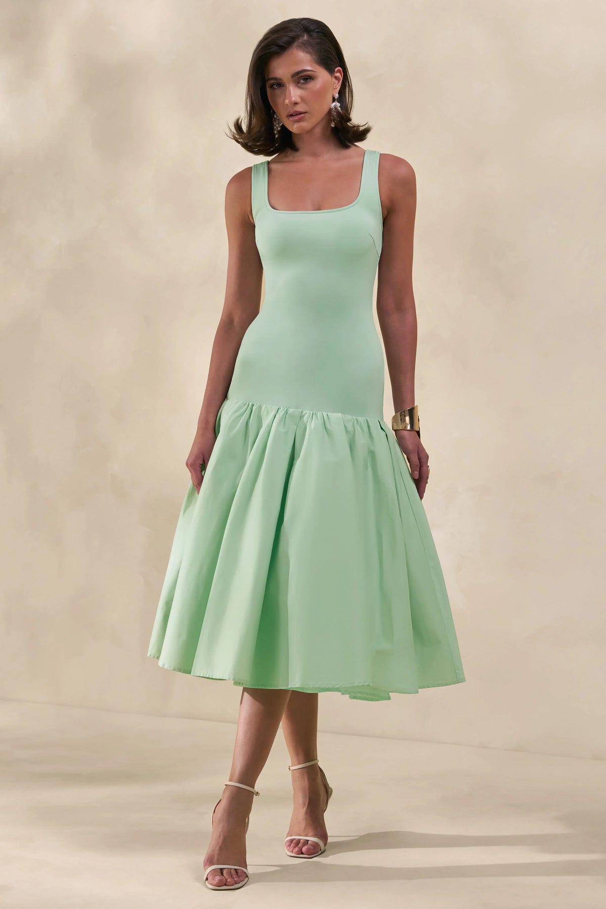 Nanette | Mint Square-Neck Midi Dress With Voluminous Skirt