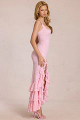 Lace Ruffle Maxi Dress In Blossom Pink