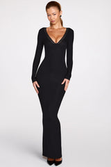 Ribbed Modal Long-Sleeve Plunge Maxi Dress In Black