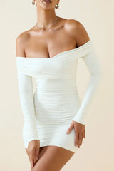 Off-Shoulder Ruched Bodycon Mini Dress In Vanilla