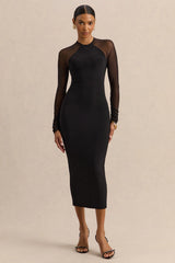 Aurevia | Black Crew-Neck Midi Dress With Long Mesh-Sleeves