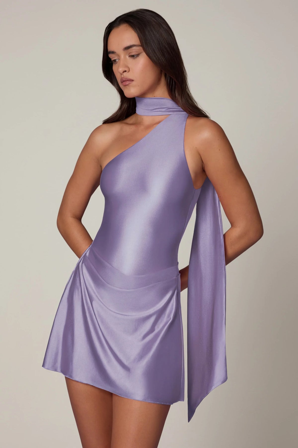 Asymmetric Scarf-Detail Mini Dress In Lilac