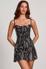 Embellished Cowl Neck A-Line Mini Dress In Silver Snake