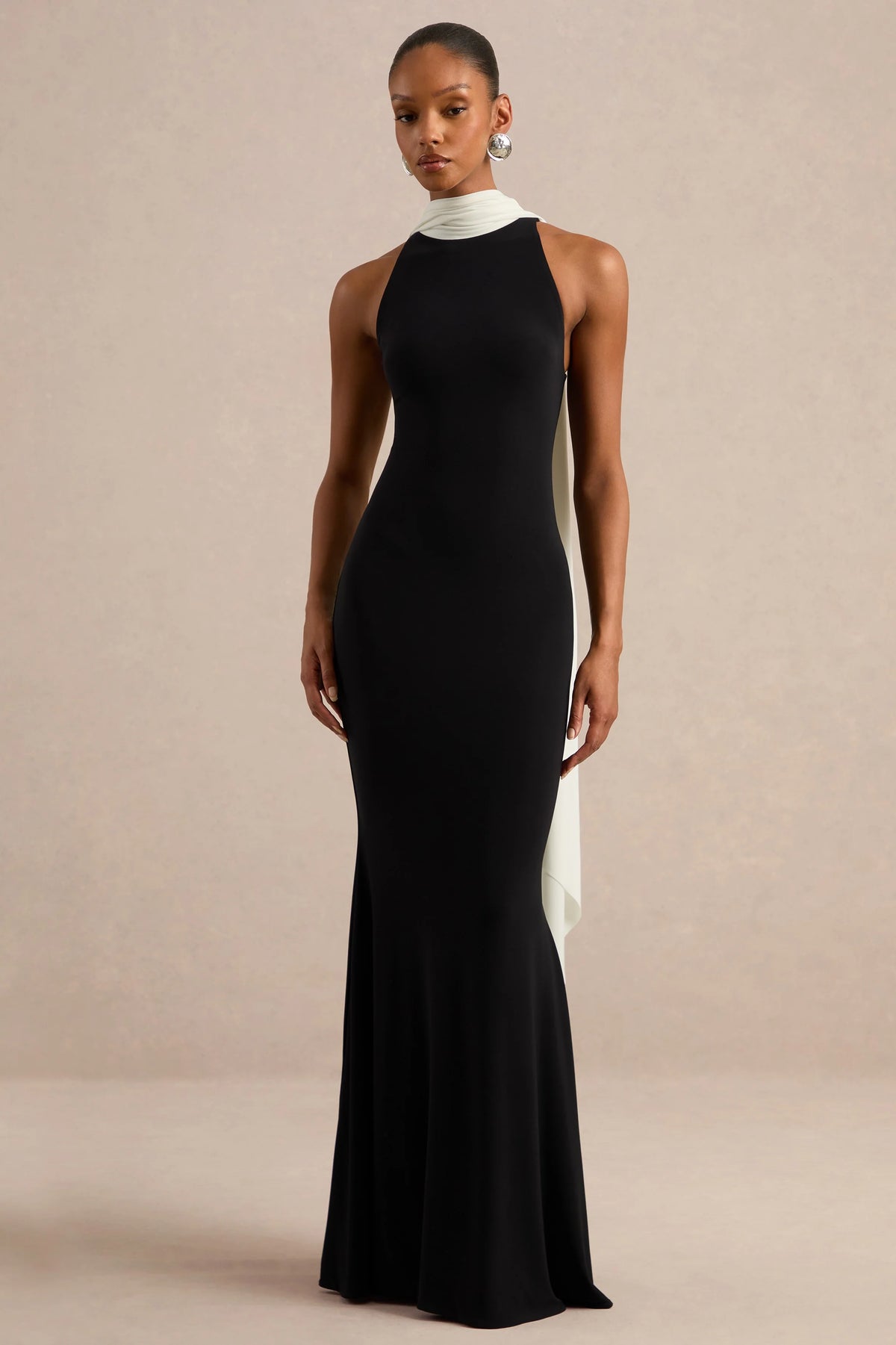 Calise | Black & White High-Neck Maxi Dress With Cape Detail