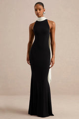 Calise | Black & White High-Neck Maxi Dress With Cape Detail