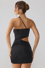Slinky Jersey Ruched Cut Out Mini Dress In Black