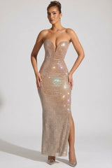 Embellished Strapless Plunge Gown In Honey