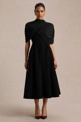 Thalia | Black High-Neck Midi Dress With Sheer Mesh Cape