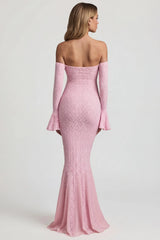 Off-Shoulder Ruffle Lace Maxi Dress In Soft Pink