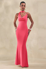 Kenza | Coral Asymmetric-Neck Maxi Dress With Scarf-Detail