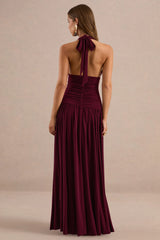 Bettina | Burgundy Plunge-Neck Maxi Dress With Gathered-Detailing