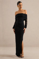 Maelora | Black Lace Bardot-Neck Maxi Dress With Scarf