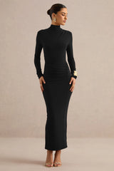 Erienne | Black High-Neck Maxi Dress With Ruched Detailing