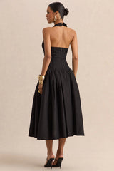 Ella | Black Plunge-Neck Midi Dress With Drop-Waist