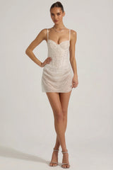 Semi-Sheer Embellished Draped Corset Mini Dress In White
