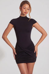 Jersey Turtleneck Ruched Backless Mini Dress In Black