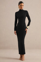 Erienne | Black High-Neck Maxi Dress With Ruched Detailing