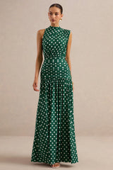 Kelis | Green Polka-Dot High-Neck Maxi Dress With Draped Detailing
