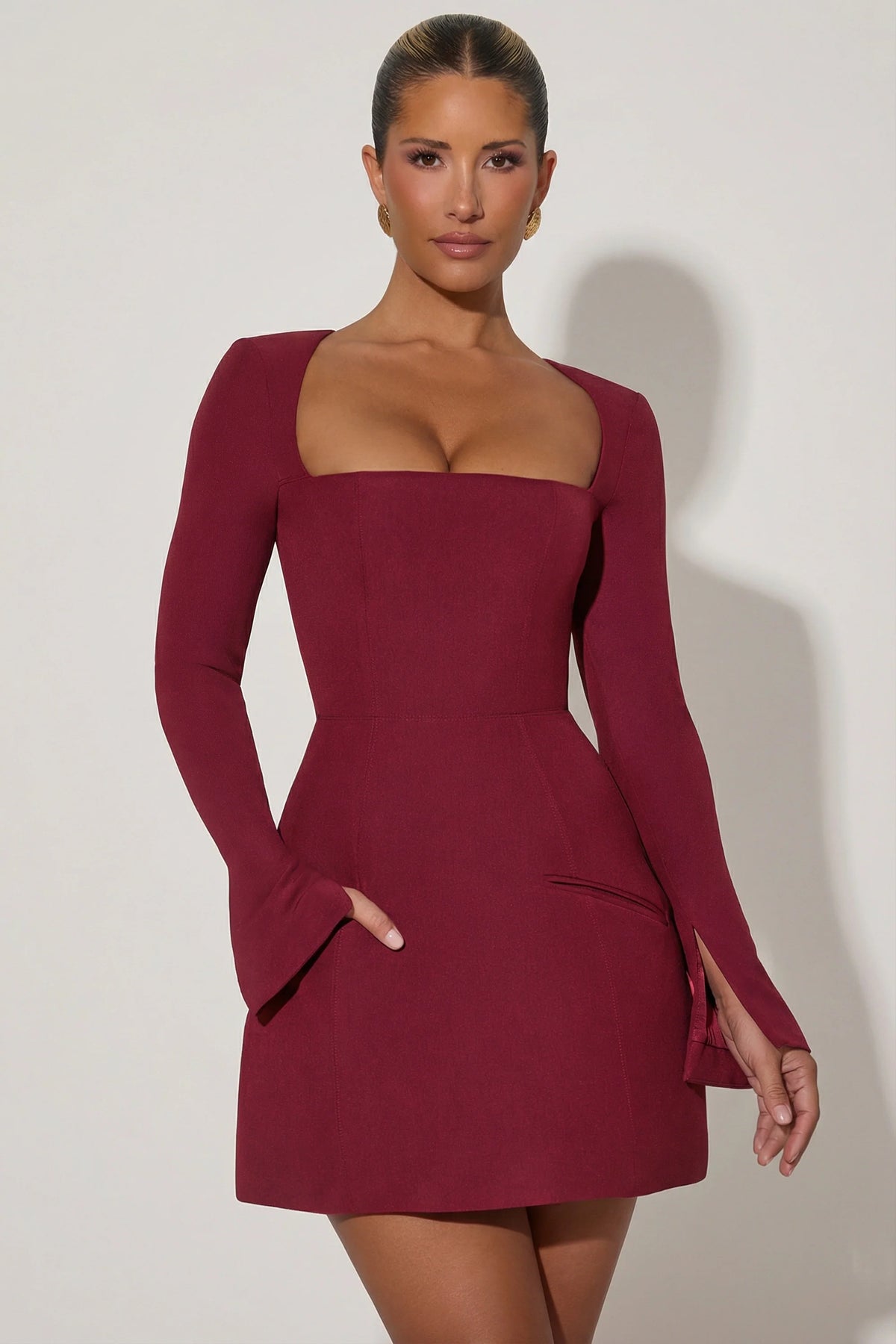 Square-Neck Structured Tulip Mini Dress In Wine Red