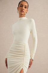 Faylinn | Cream High-Neck Midi Dress With Draped Detailing And Front Split