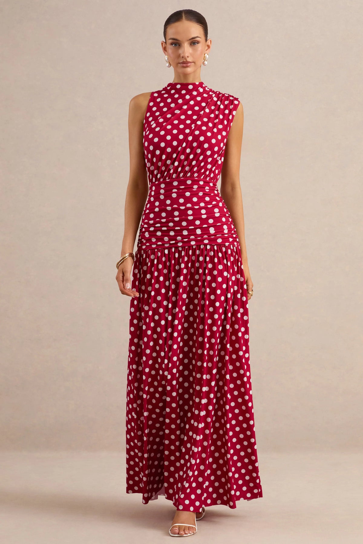 Kelis | Red Polka-Dot High-Neck Maxi Dress With Draped Detailing