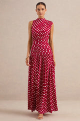 Kelis | Red Polka-Dot High-Neck Maxi Dress With Draped Detailing