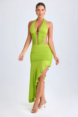 Asymmetric Cut-Out Halterneck Midaxi Dress In Lime Green