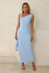 Chic One Shoulder Ruched Drape Maxi Dress Light Blue