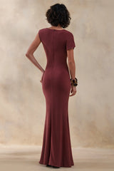 Blaire | Brown Asymmetric-Neck Maxi Dress With Gold-Detailing