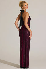Embellished Halterneck Maxi Dress In Fuchsia Pink