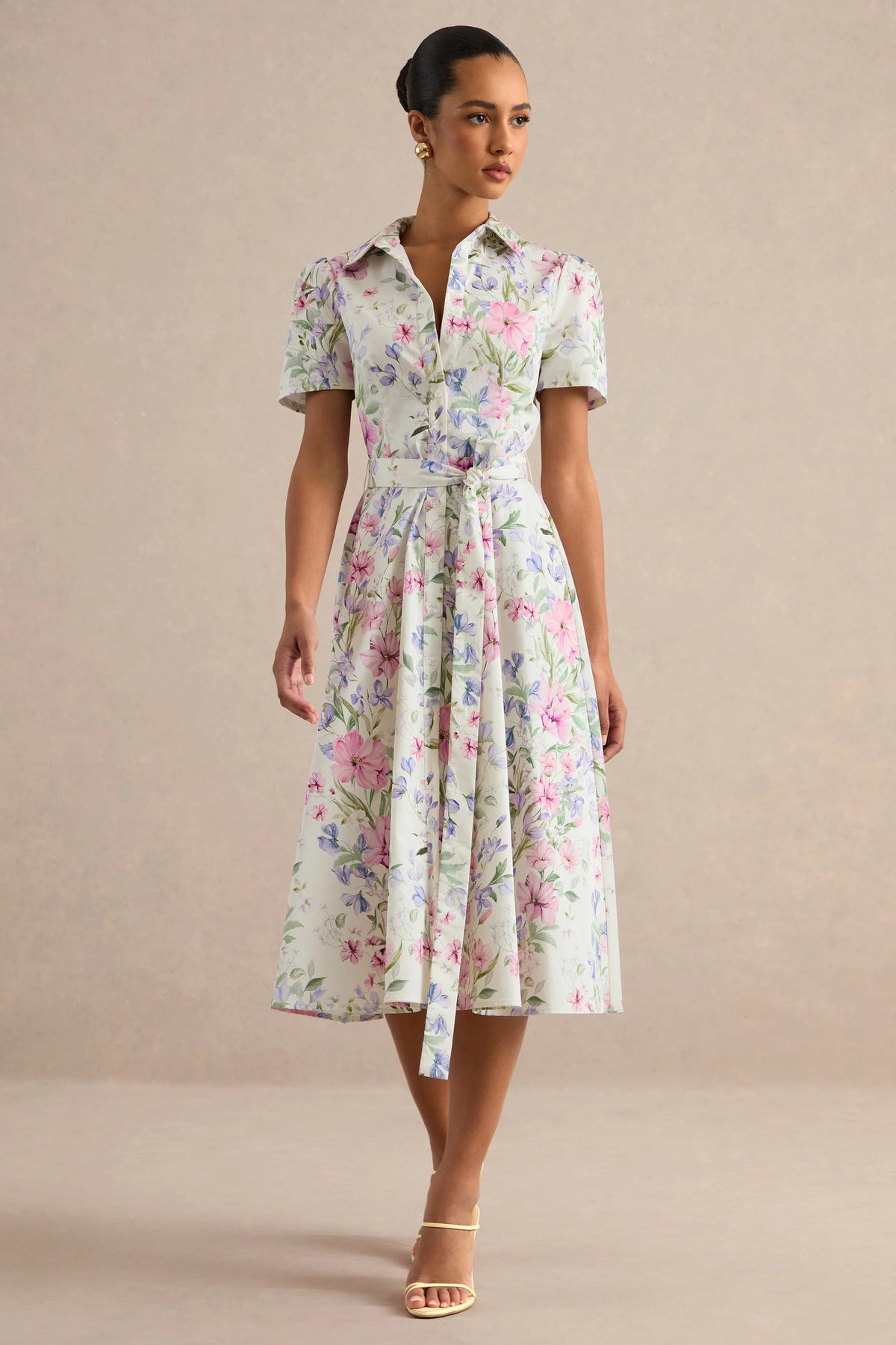 Viviette | Cream Floral Print Collared-Neck Midi Dress