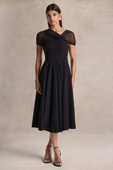 Rosette | Black Asymmetric-Neck Midi Dress