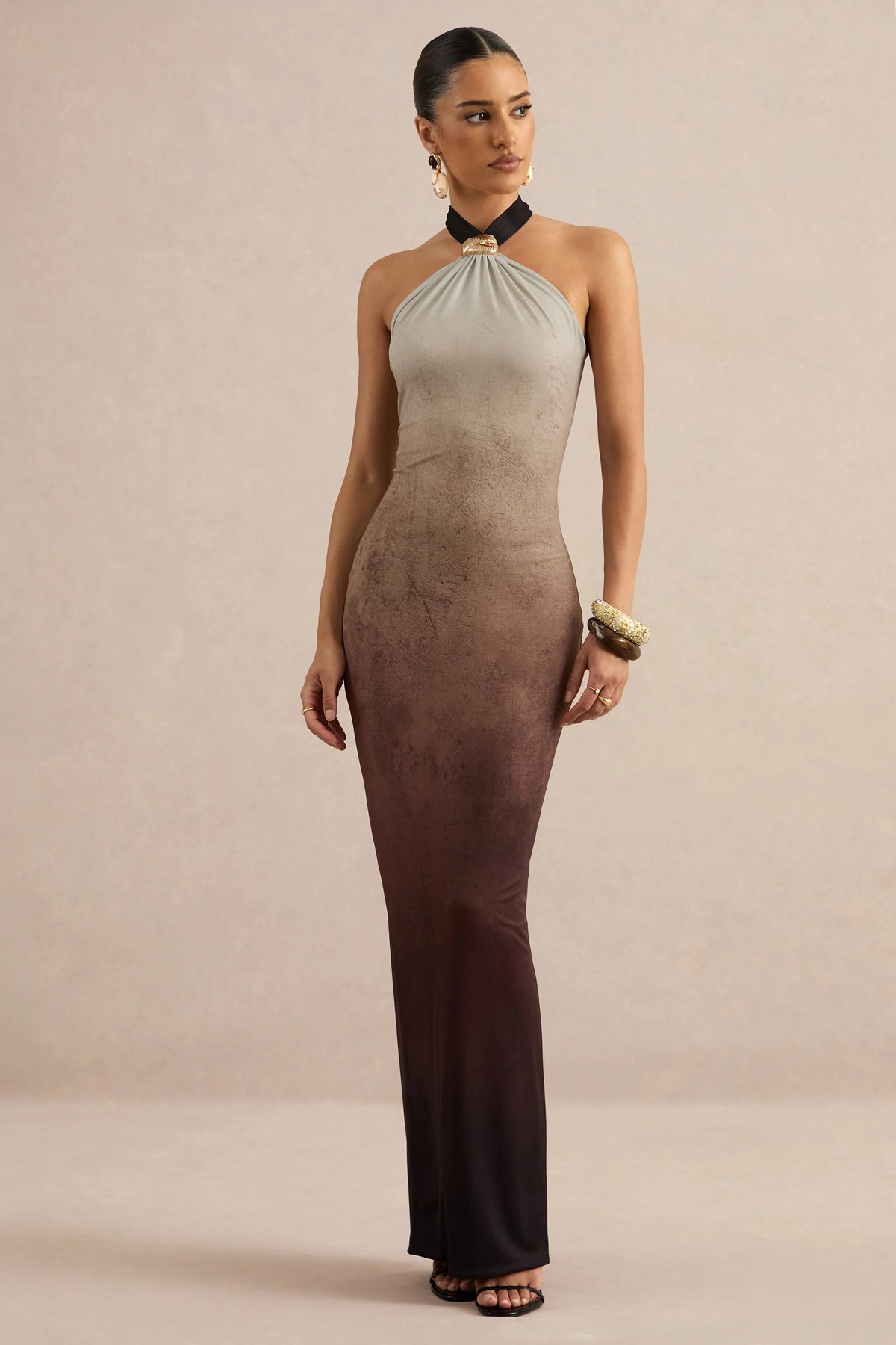 Thera | Brown Ombre Halter-Neck Maxi Dress With Gold Detail