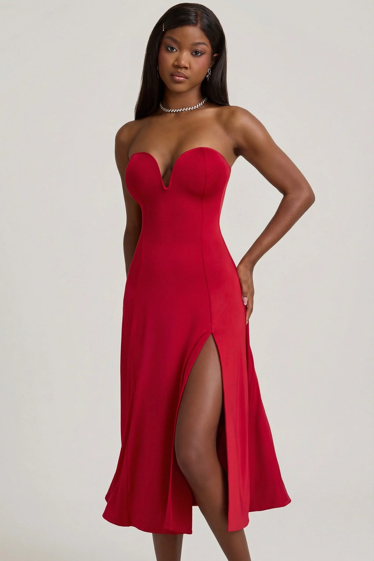 Slinky Jersey Strapless A-Line Midaxi Dress In True Red