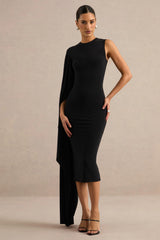 Ilarie | Black Round-Neck Midi Dress With Cape Sleeve