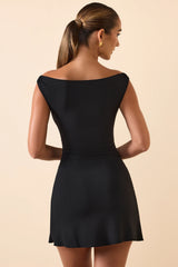 Modal Off-Shoulder Ruched A-Line Mini Dress In Black