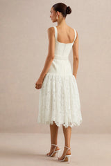 Norrie | White Lace Square-Neck Midi Dress With Voluminous Lace Skirt