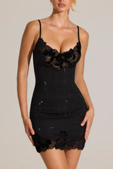 Embellished Lace-Trim Mini Dress In Black