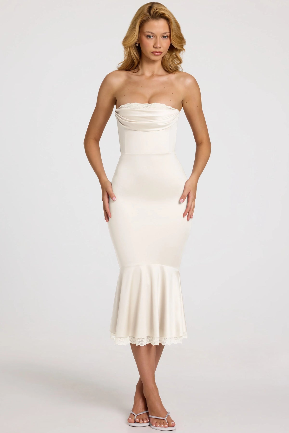 Satin Lace-Trim Bandeau Fluted Midaxi Dress In White