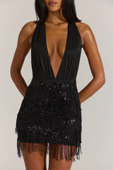 Fringed Skirt Halterneck Mini Dress In Black