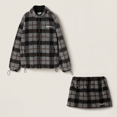 MIUMIU Gray Vintage Plaid Collar Wool Polar Fleece Jacket Short Skirt Set #332477