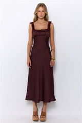Dressed For Desire Satin Midi Dress Brown