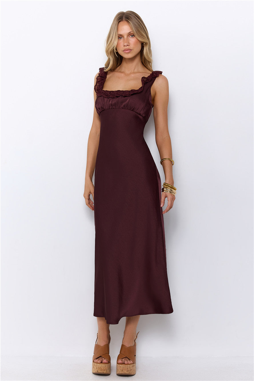 Dressed For Desire Satin Midi Dress Brown