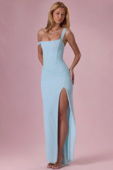 Mesh Draped Corset Gown In Light Blue