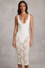 Sheer Lace Scalloped Plunge Bodysuit Midaxi Dress In White